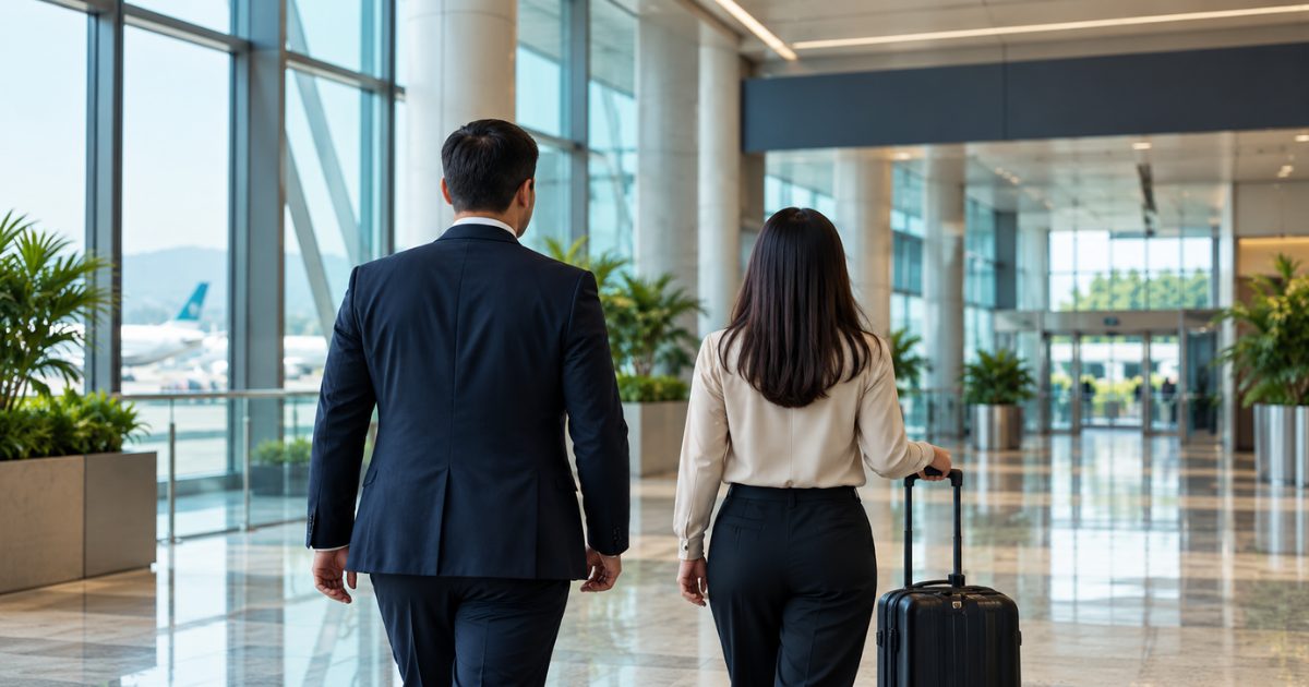 Travellers escorted through an airport terminal